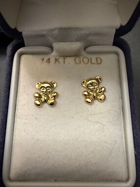 14K Gold Teddy Bear Stud Earrings - Gold